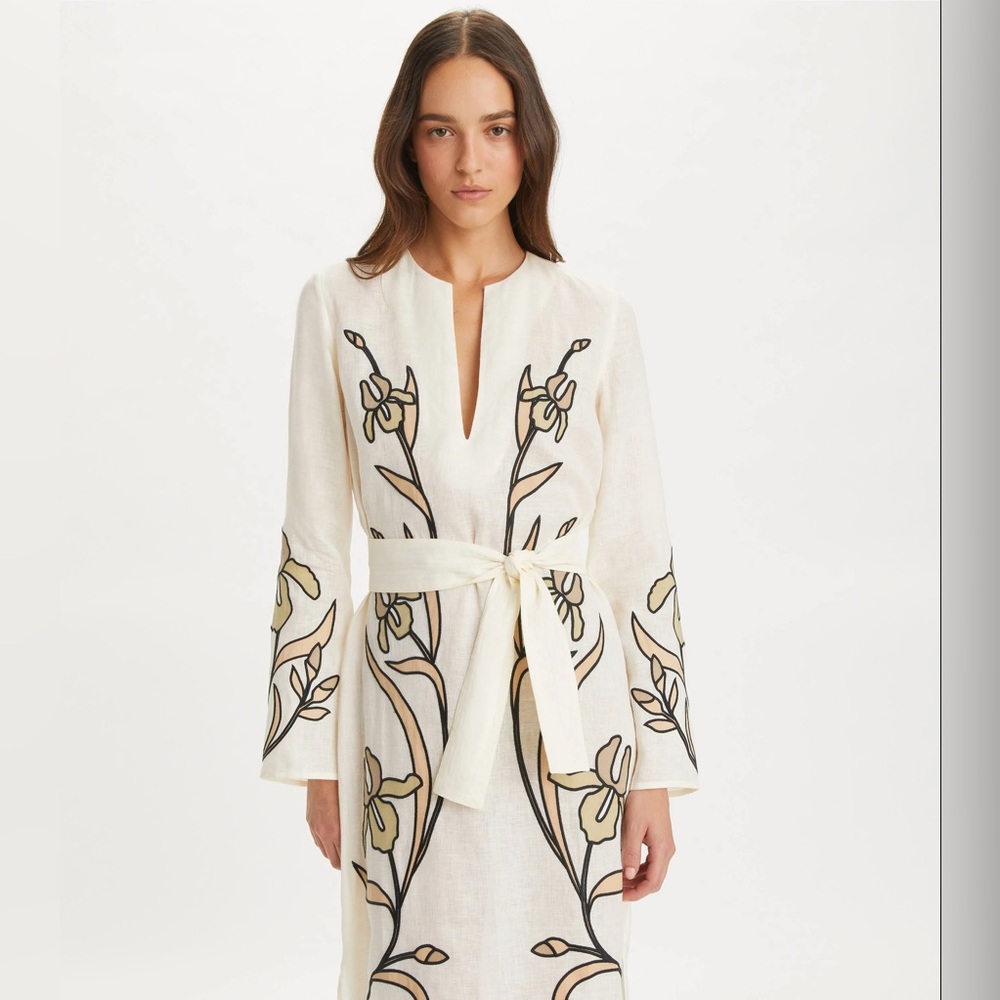 NWT $998 Tory Burch Belted Applique Cotton-trimmed Linen Kaftan - Picture 2 of 8